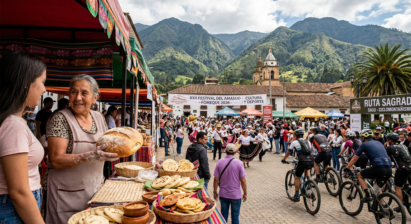 Plaza principal de Fómeque durante el Festival del Amasijo, con ciclistas, danzas tradicionales y montañas al fondo
