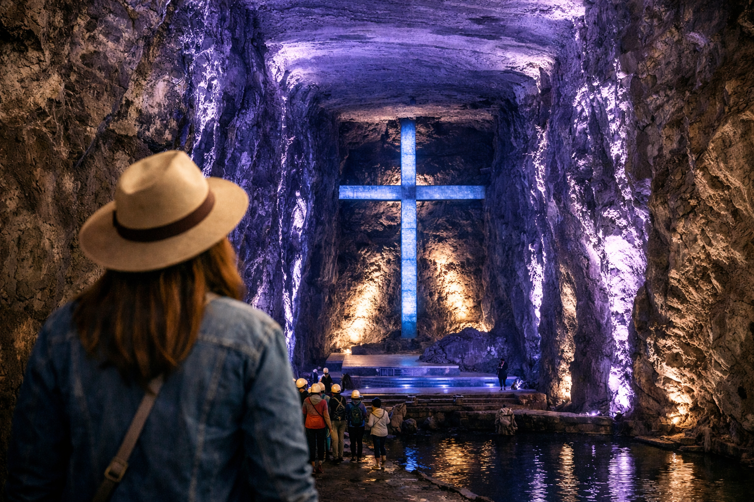 Interior de la Catedral de Sal de Zipaquirá iluminada con luces azules y violetas, vista desde atrás de una visitante con sombrero observando la gran cruz tallada en la roca.