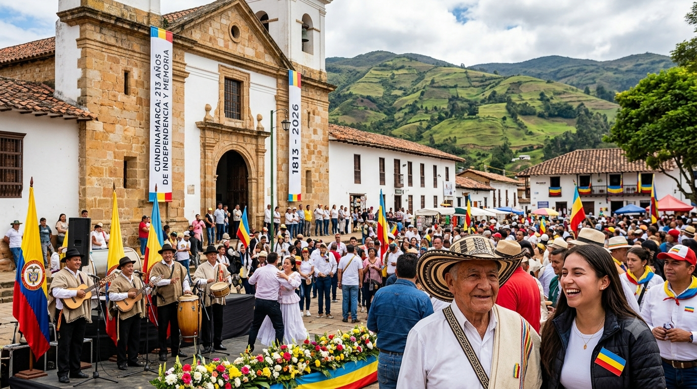 Festividad comunitaria en Cundinamarca conmemorando 213 años de independencia frente a una iglesia colonial, con música folclórica en vivo, bailes típicos y banderas de Colombia.