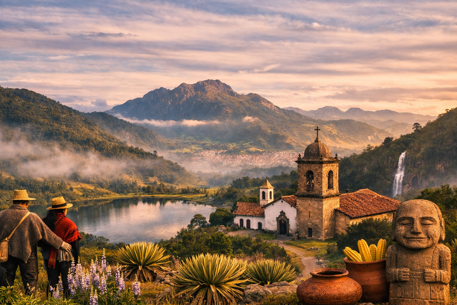Cundinamarca al amanecer, con frailejones, lago de montaña, iglesia colonial y escultura muisca, símbolo de identidad y patrimonio regional.